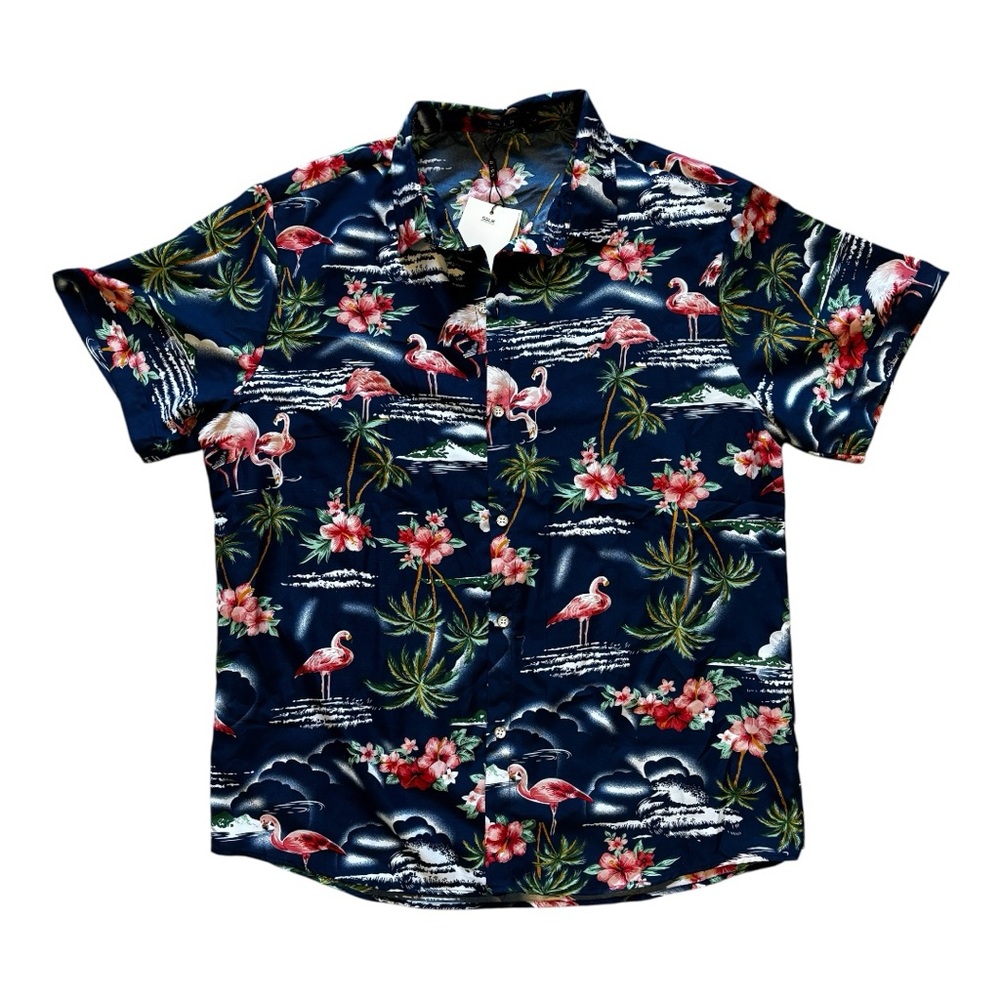 Men's Flamingo & Palm Tree Print Dark Navy Casual Button Down Shirt